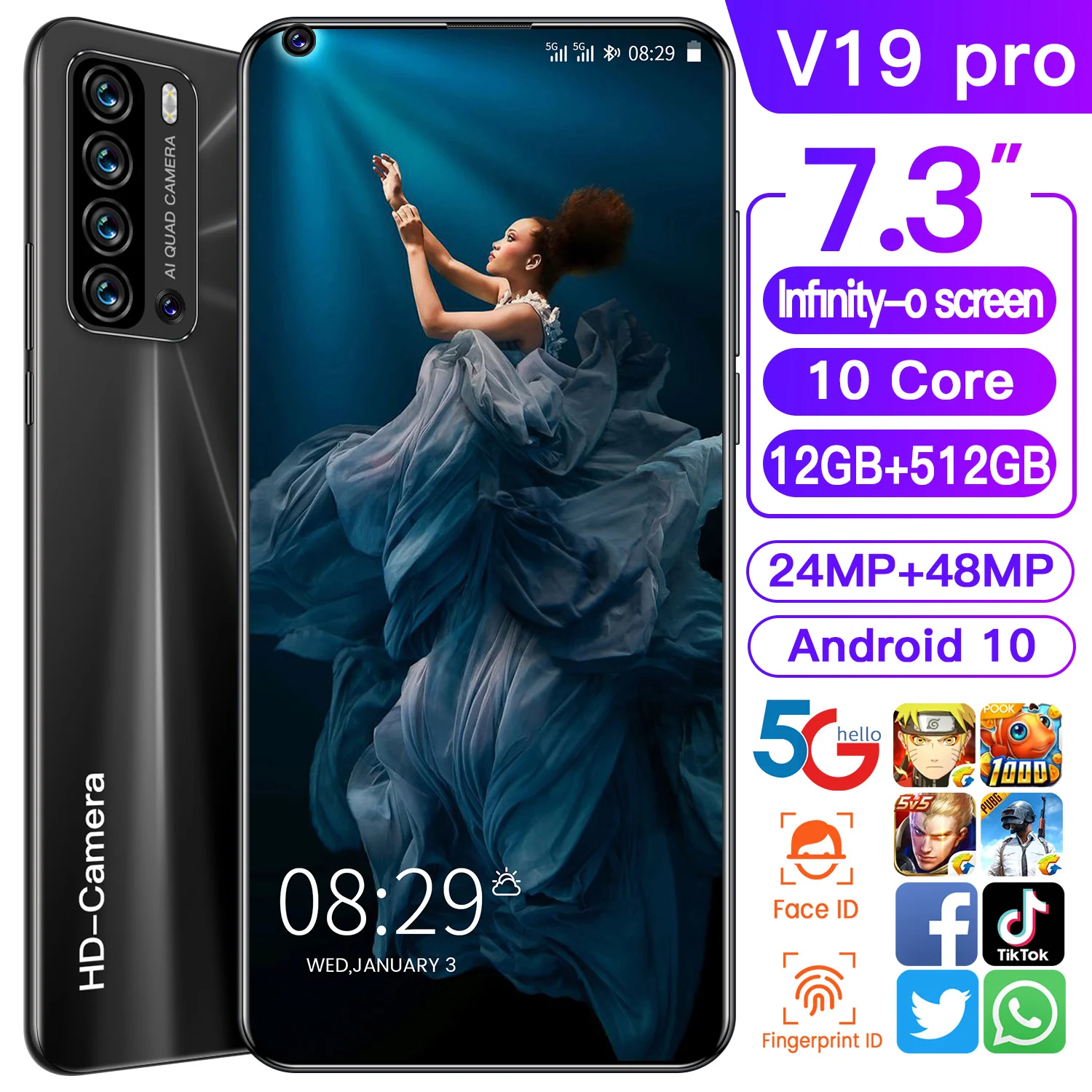 

V19 Pro 7.3 Inch HD Full Screen Smartphone 5600mAh 12GB 512GB Dual SIM Card Fingerprint Face ID Unlock Android 10 Core CellPhone