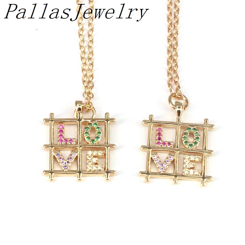 

10Pcs, Colorful CZ Micro Pave Love Word On Pane Shape Pendant, Dainty Gold Charm, Necklace Pendant Charm