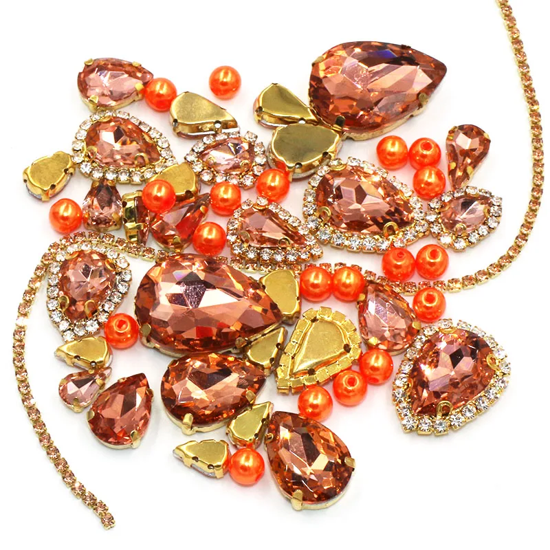 

Wedding Decoration gold base Water red Mix size Glass Crystal Stones Pearl Beads Cup Chain Rim Rhinestones Sew On Clothing/Dress