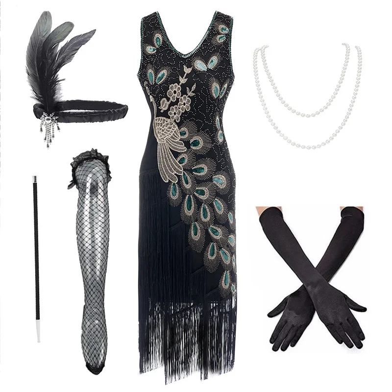 

1920s Vintage Peacock Sequined Women's Fashion Dress Gatsby Fringed Flapper Dress Roaring 20s Party Dress