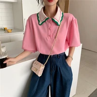 korean summer new fashion preppy style women tee cute polo ruffls sweety puff sleeve pullover t shirts loose casual student tee
