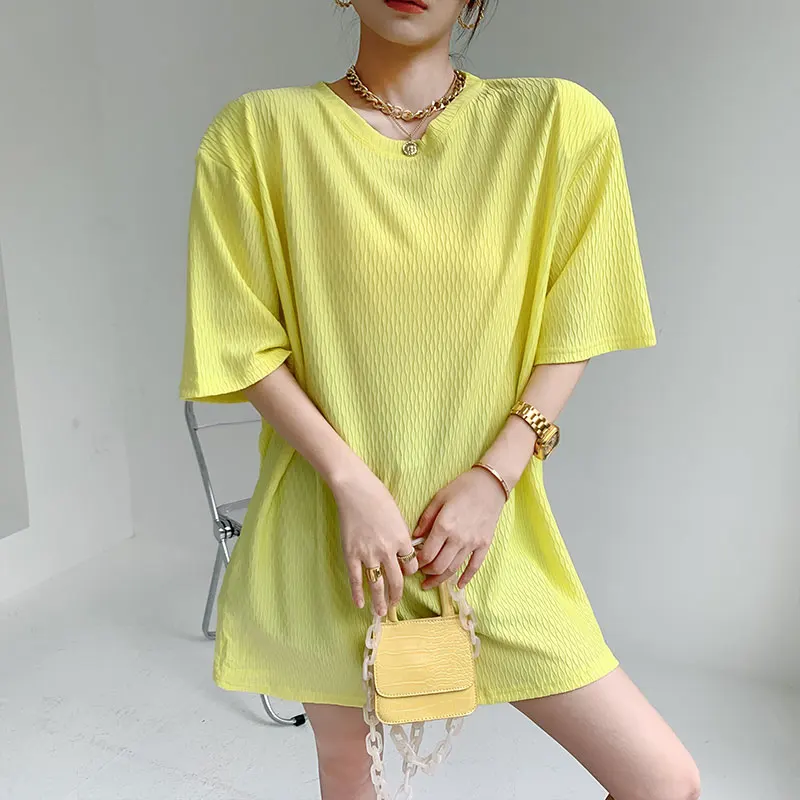 

Summer Women Stand Shoulder T-shirt Short Sleeve 2021 New Solid O-neck Loose T-shirts Casual Simple Office Lady Tops Blusa 15634