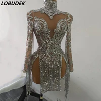 silver tassel glitter sequins split mini dress sexy nightclub bar dj women singer stage wear clubwear dancer performance costume
