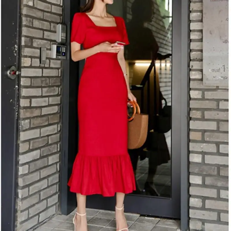 Женское винтажное платье русалки с коротким рукавом Красное длинное квадратным