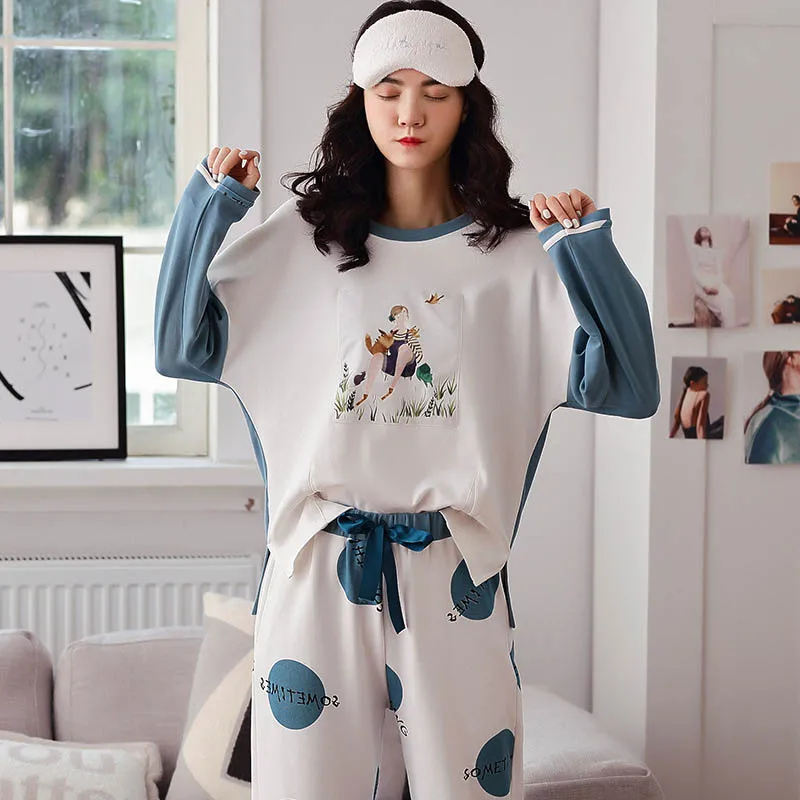 Женские пижамы новые хлопковые с принтом 2 шт. длинные рукава и брюки свободные