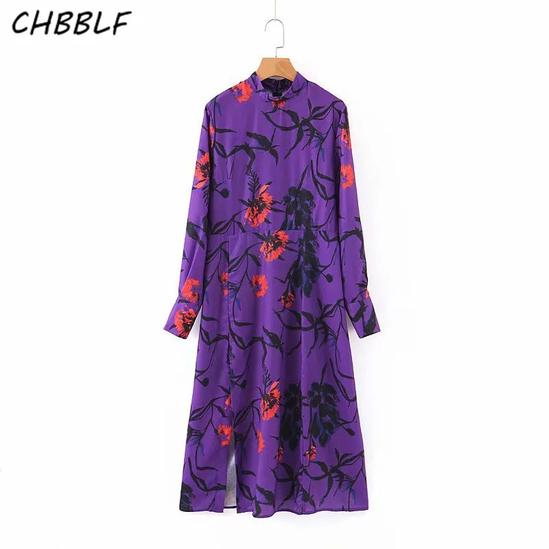 CHBBLF женское фиолетовое платье миди с цветочным принтом и длинными рукавами на