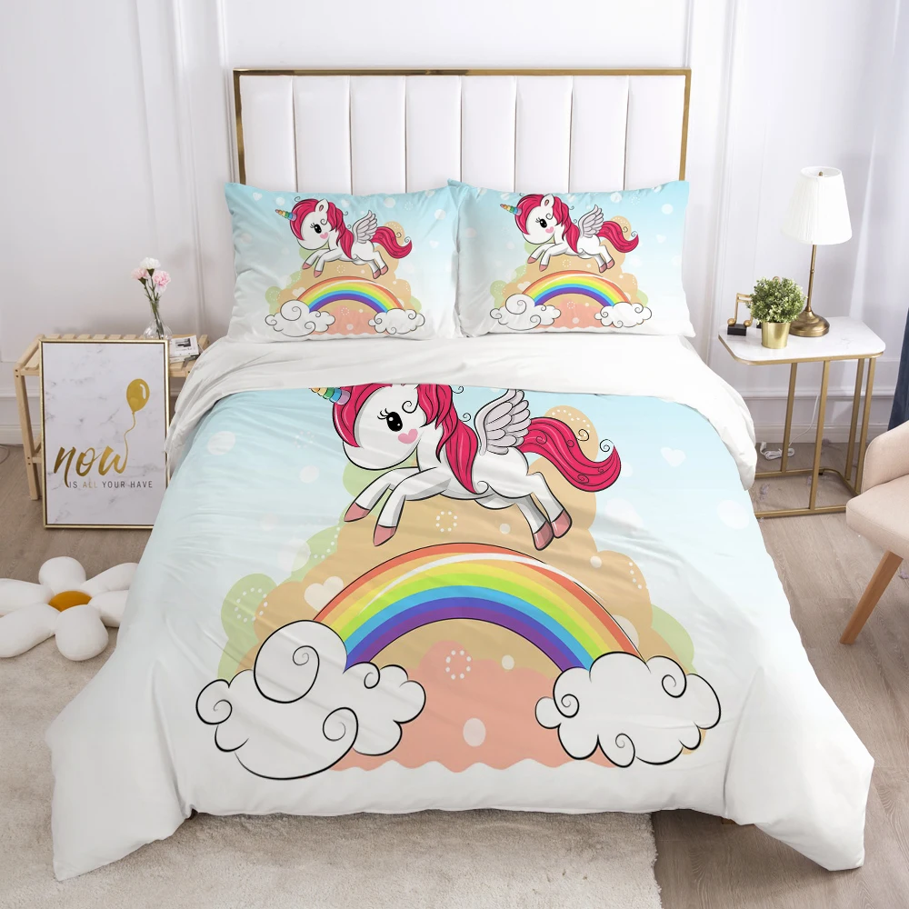 Cartoon Duvet Cover Set 3D Unicorn Children Bedding For Kids Baby Comforter Pillowcases Girls Boys Bed | Дом и сад