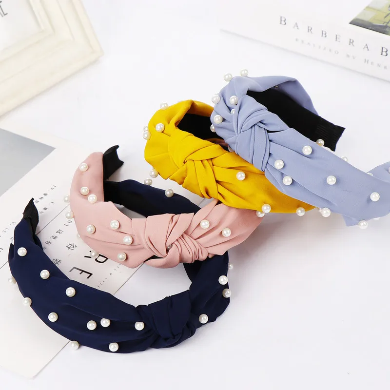 

2021 Korea Hair Accessories for Women Mesh Yarn Pearl Beaded Lovely Hairband Flower Bows Double Knot Wide Headband