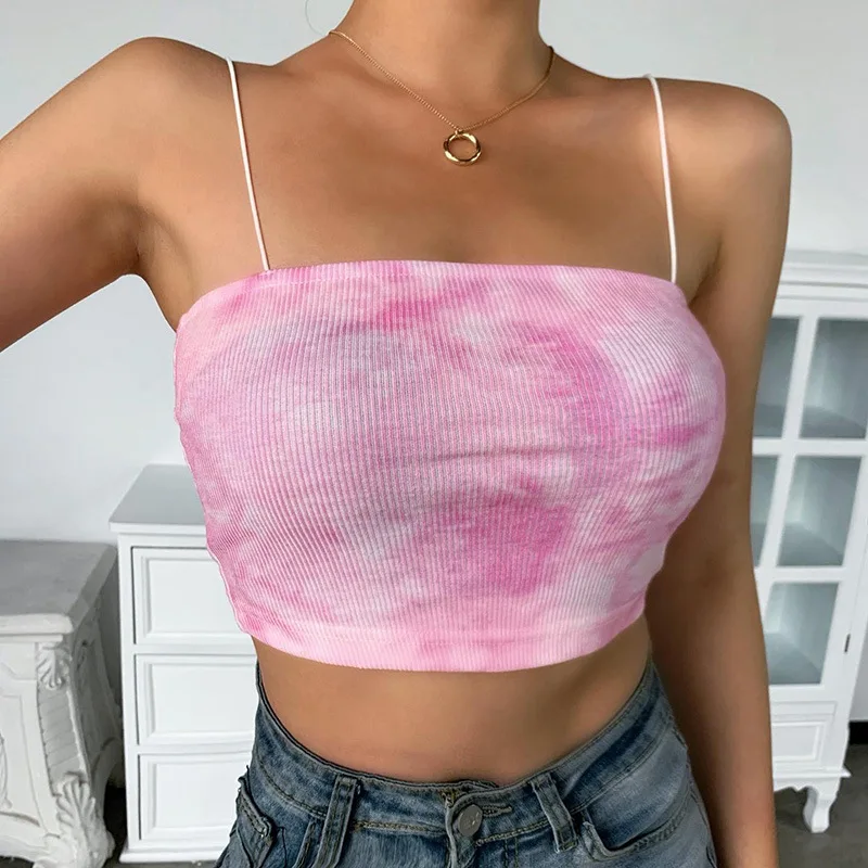 

2021 Blue Pink Tie-dye Camis Summer Sexy Strappy Harajuku Crop Tops Blouse Y2K Ladies Backless Vests Streetwear Tops Women