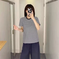 2021 summer new minimalist korean version of black and white striped loose round neck bottoming womens short sleeve shirt
