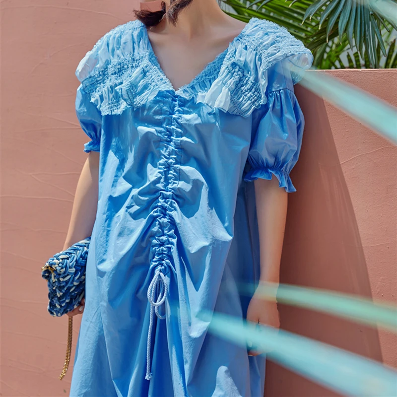 GALCAUR Summer Sequin Drawstring Dress For Women Peter Pan Collar Puff Sleeve Ruched Loose Female Fashion 2020 Korean New | Женская