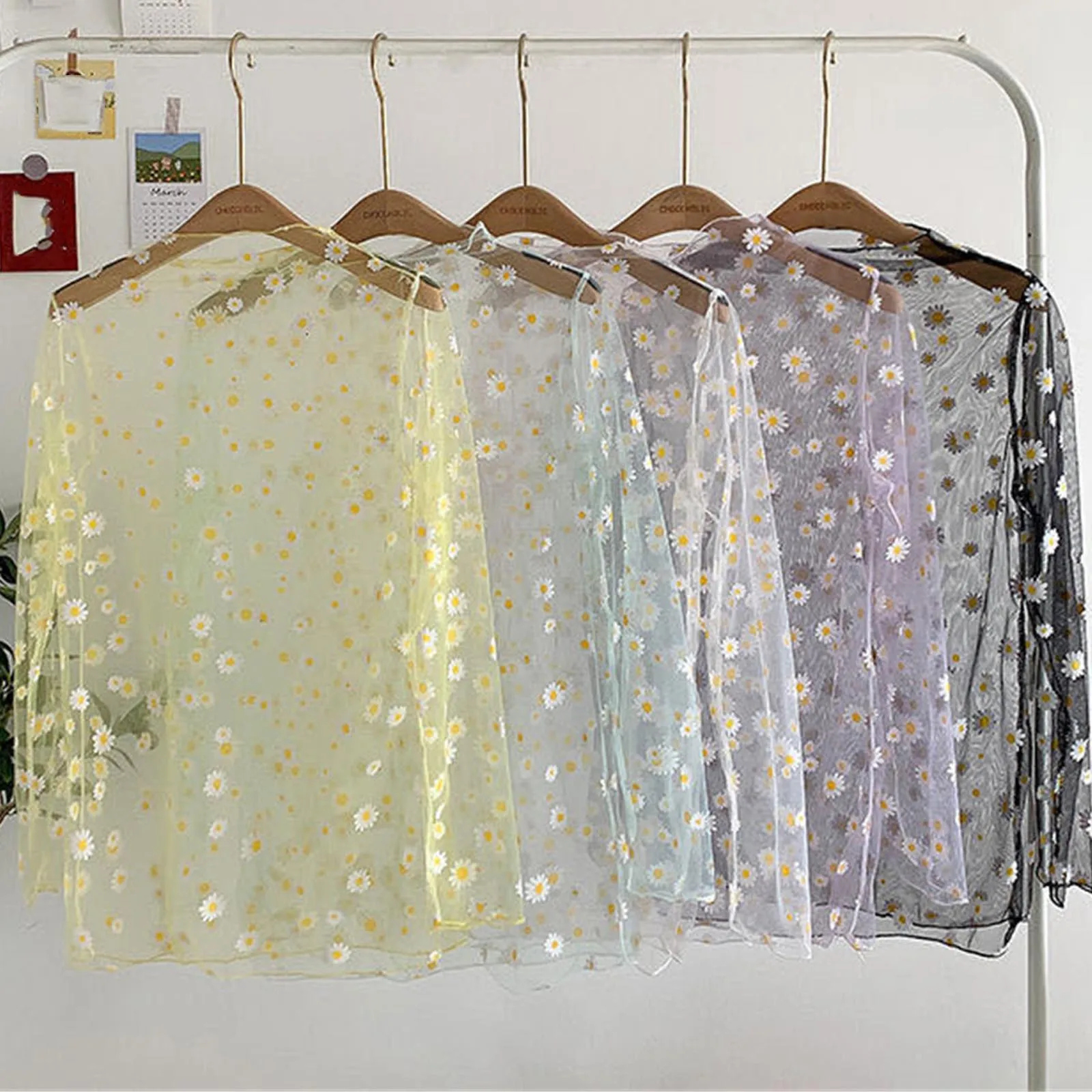 

2021 Women T Shirt Tops See Through Mesh Sheer Daisy Print Elegant Summer O-Neck Long Sleeve Loose Ladies Party Night Tops Shirt