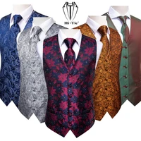 silk mens slim fit 4pcs vest necktie hankerchief cufflinks waist jacket suit waistcoat neck tie set for dress wedding business