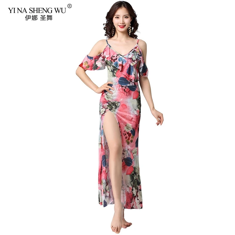 

Belly Dance Dress Tie-dyed Floral Pattern Women Belly Dance Costume Set Brace Dress Side Slit Skirt Bellydance Dresses New