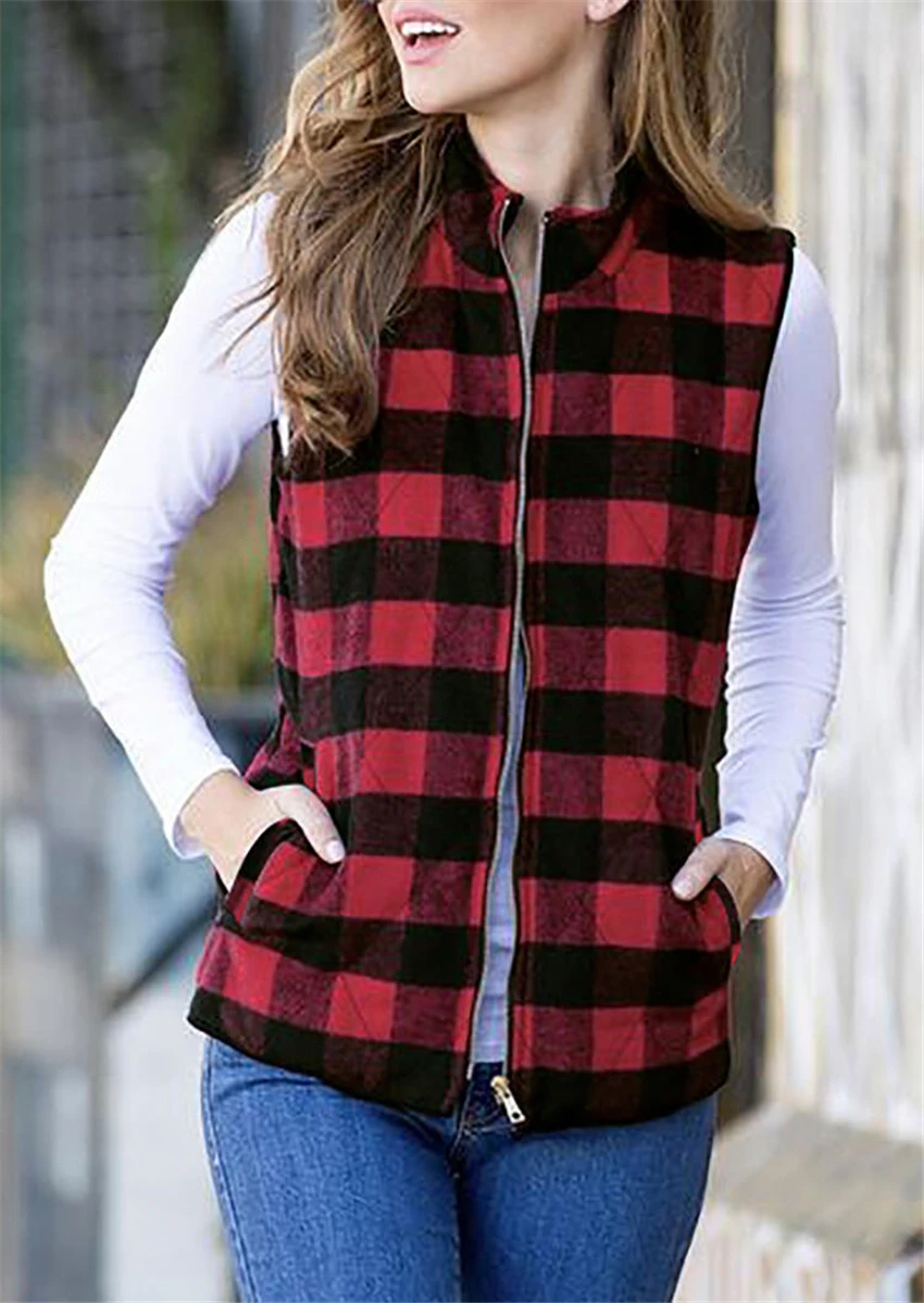 

Autumn Winter Women Vest Casual Female Zipper Plaid Vest Women Sleeveless Pocket Jacket New
