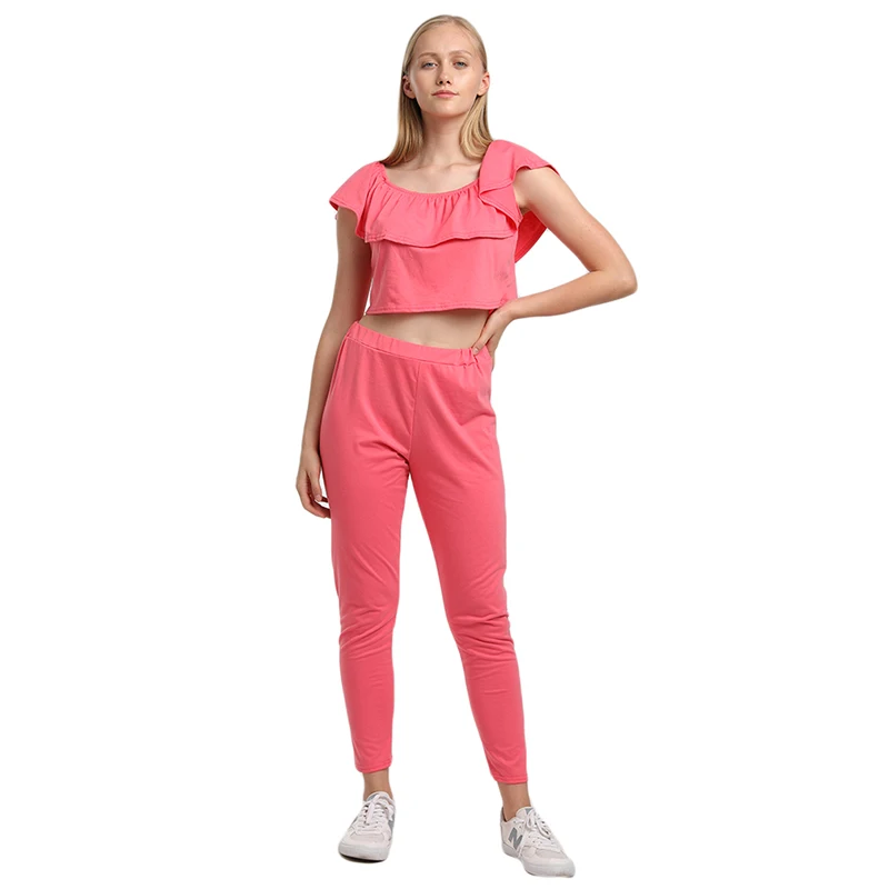 2020 Summer Sexy Women Clothing Set Solid Color Slash Neck Top +long Pants Suit 2 Piece Casual Sportswear |