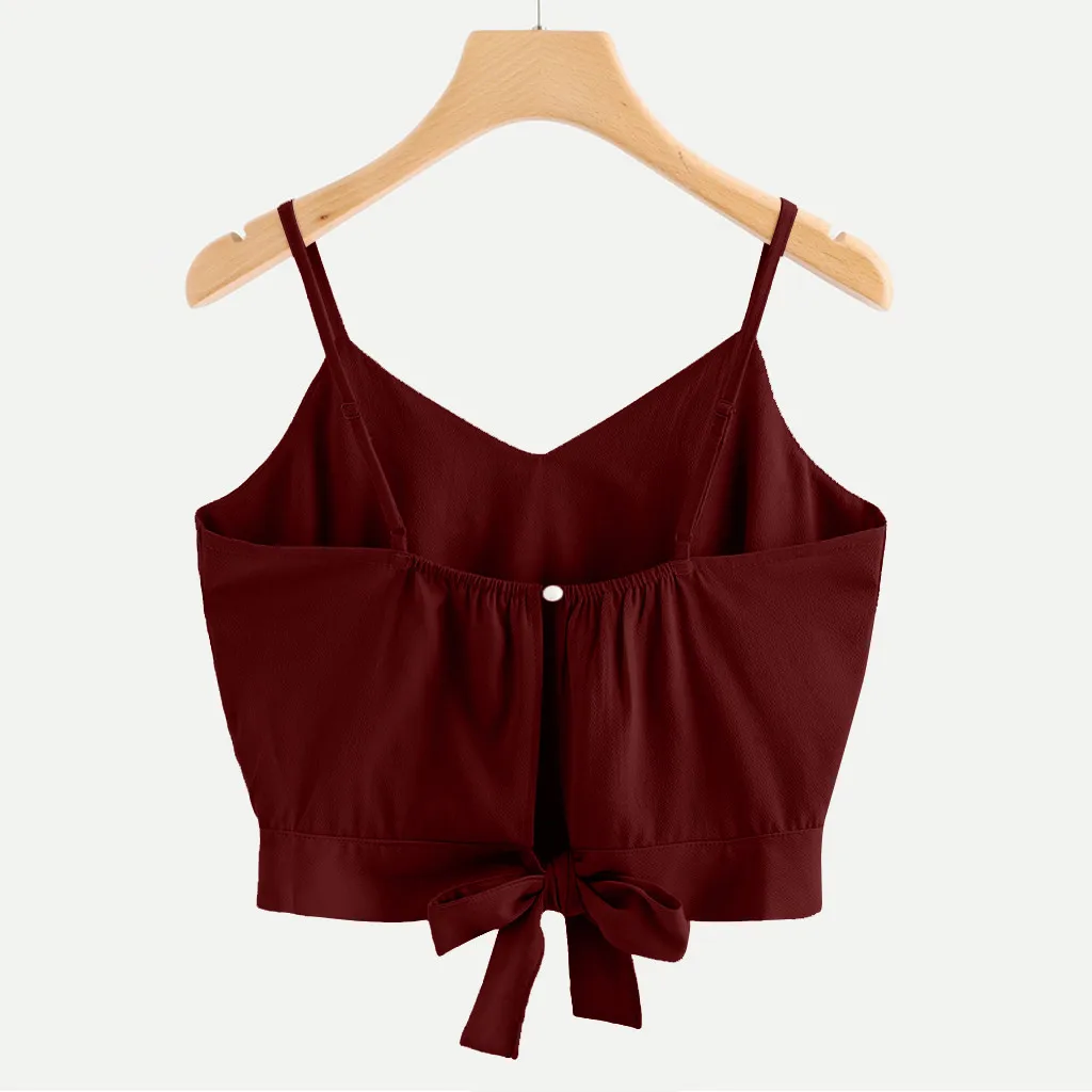 

Backless Tank Crop Casual Summer Bow Tie Back V Neck Soild Crop Cami Top Camisole Cheap Cami Vest Summer Clothes Dropshipping