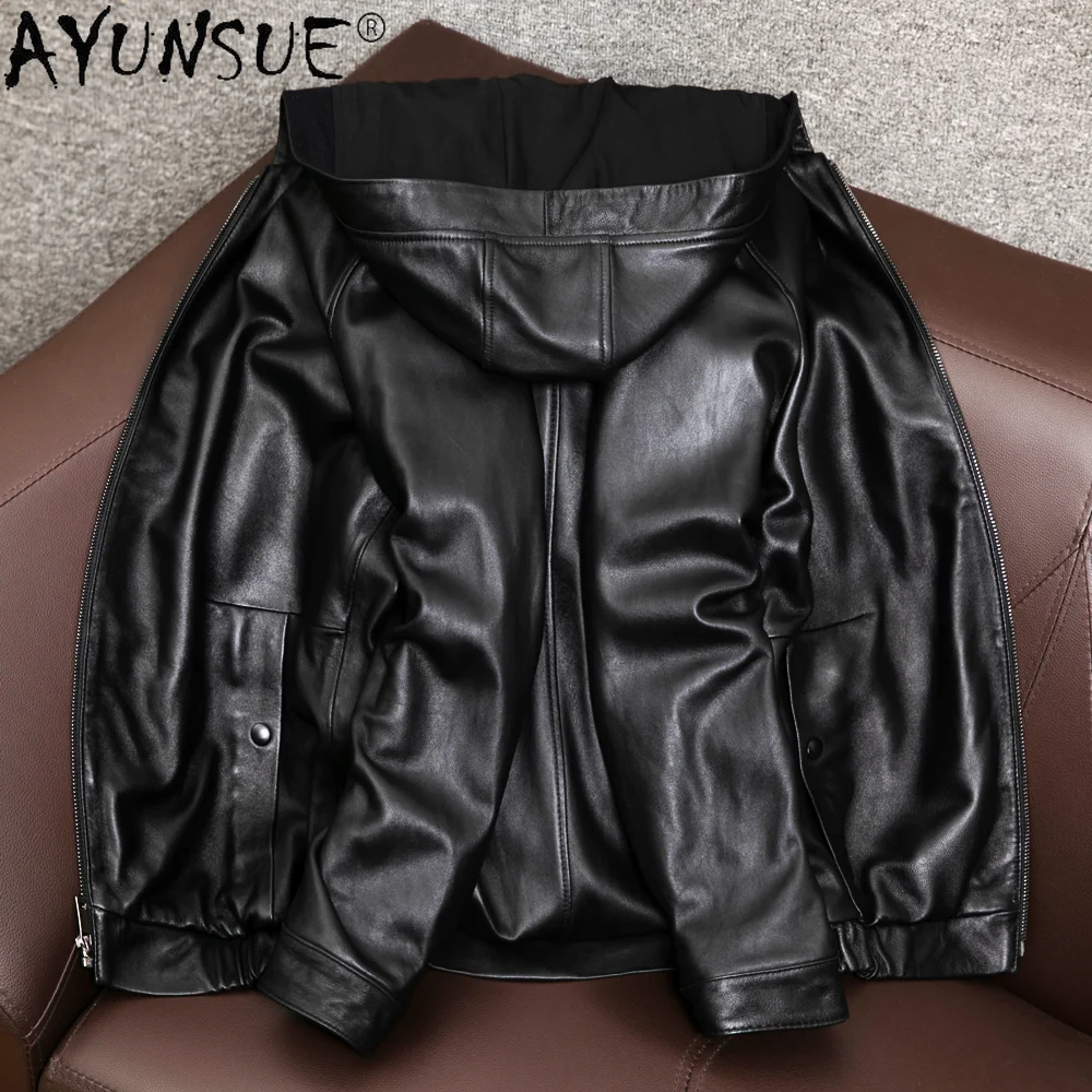 

Genuine Men's Leather Jacket Men Hooded Korean Natural Sheepskin Coat Plus Size Lether Jackets Man Hommes Veste KJ6769