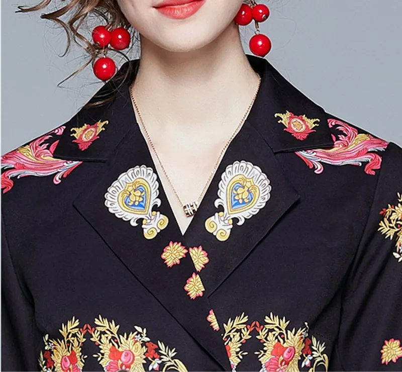 

High Quality 2020 Autumn Winter Elegant 2 Piece Sets Womens Outfits print shirt tops + Printed Pleated Skirt Suit