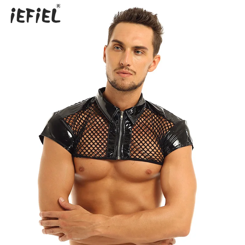 

Mens Patent Leather See Through Mesh Fishnet Crop Tops Cap Sleeves Chest Harness Shirt Muscle Half Tank Top Costumes Clubwear