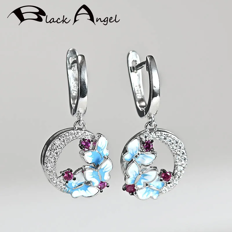 

BLACK ANGEL Fashion Blue Enamel Cute Three Dancing Butterfly 925 Silver Fashion CZ Clip Earrings 2020 New Jewelry Wholesale