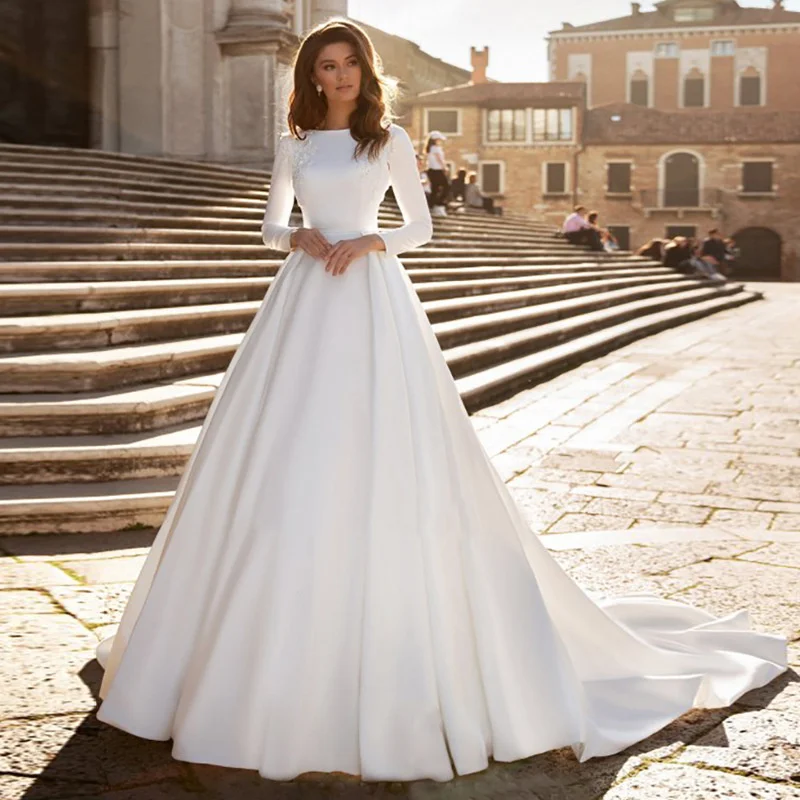 

Vintage Beaded Satin Wedding Dresses Long Sleeves Open Bridal Gowns Dress De Novia White Ivory Cheap-wedding-dress