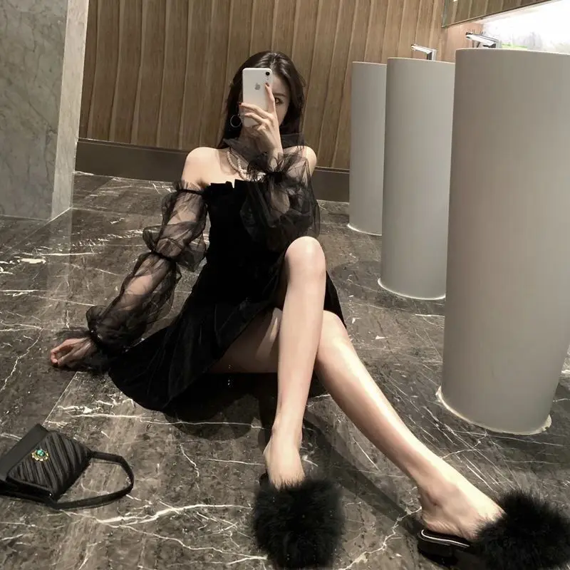 

2021 spring and summer new temperament mesh gauze puff sleeve black skirt strapless velvet waist puffy dress women's clothing