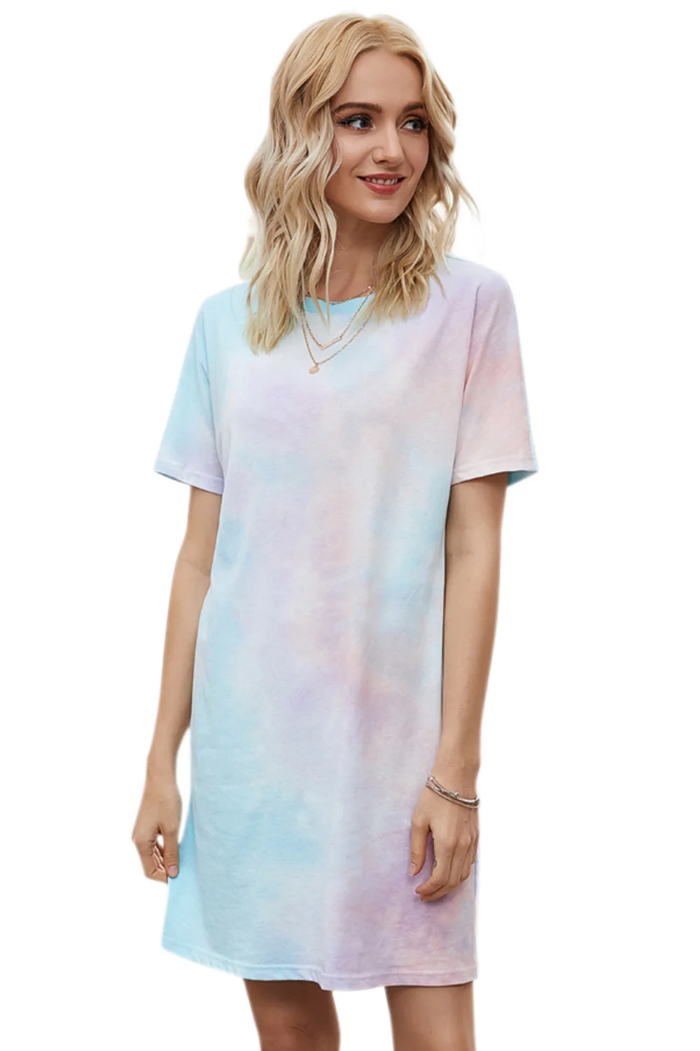 

2021 Women Capucines Tie-dye Casual Loose Summer Dress Round Neck Short Sleeve Straight Gradient Beach Mini Dresses Plus Size