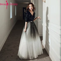 fashion evening dresses long simple a line v neck half sleeve tulle elegant formal party dresses with sashes real photo