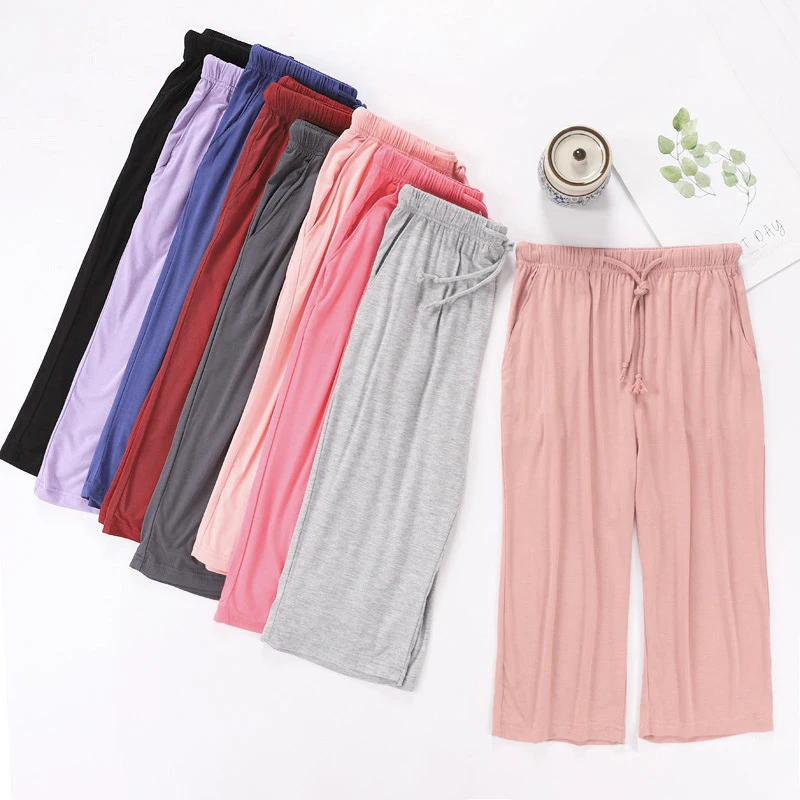 

Summer Thin Calf-length Sleep Pants Soft Cool Candy Color Women Sleep Bottoms Home Wear Shorts Casual Loose Women's Sleep Pants