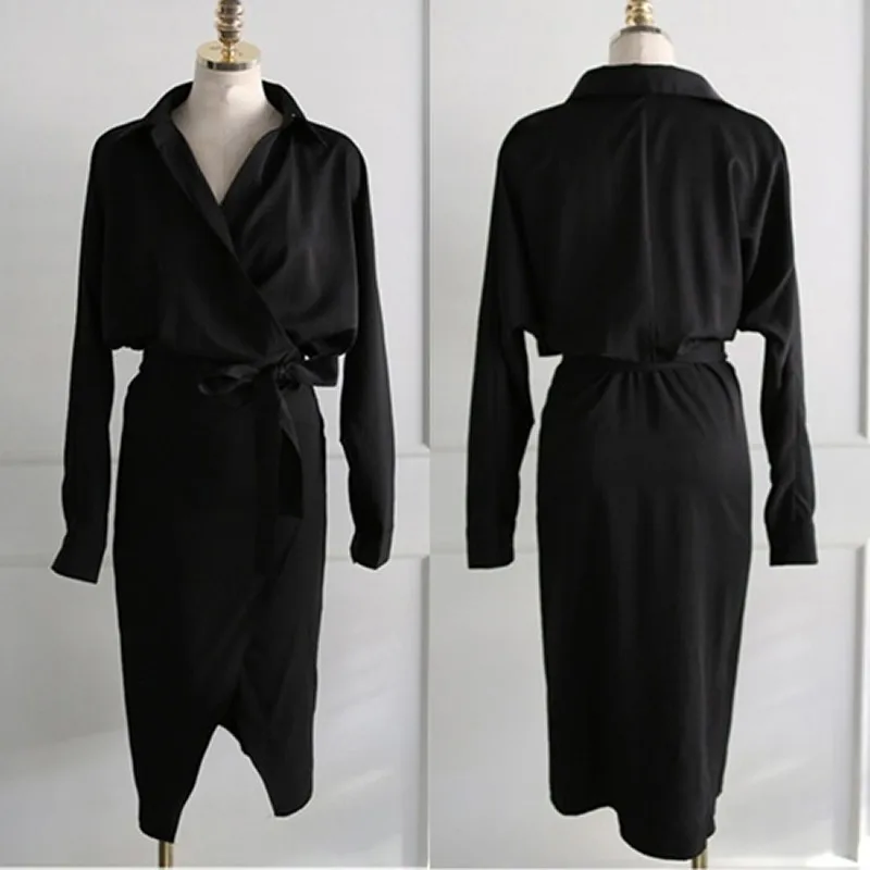 Женское платье карандаш с V образным вырезом длинным рукавом и поясом|Женские