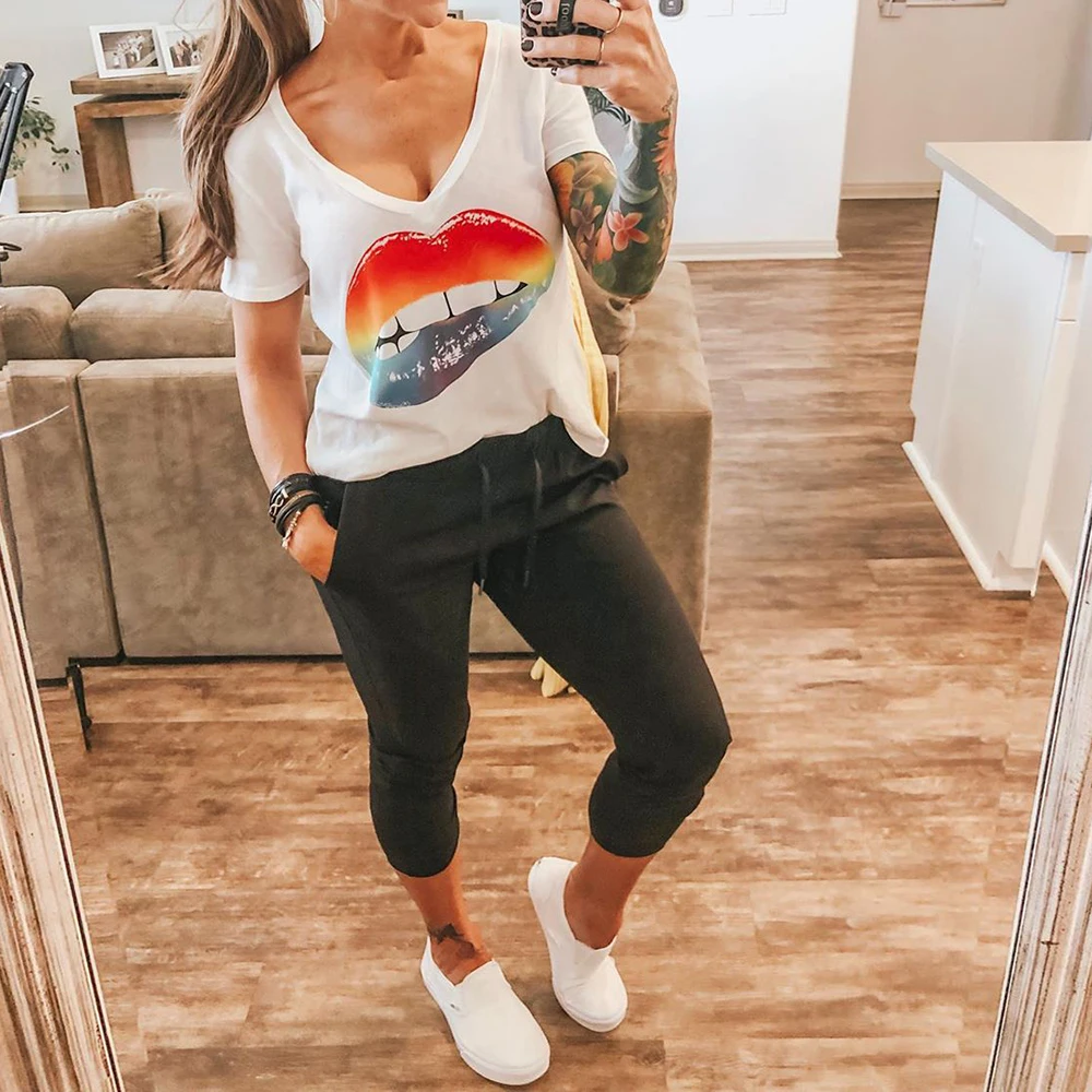 

White Rainbow Biting Lip print T Shirt for Women Short Sleeve Round Neck Sexy Shirt Casual Tee Ladies Summer Fashion Clothes D30