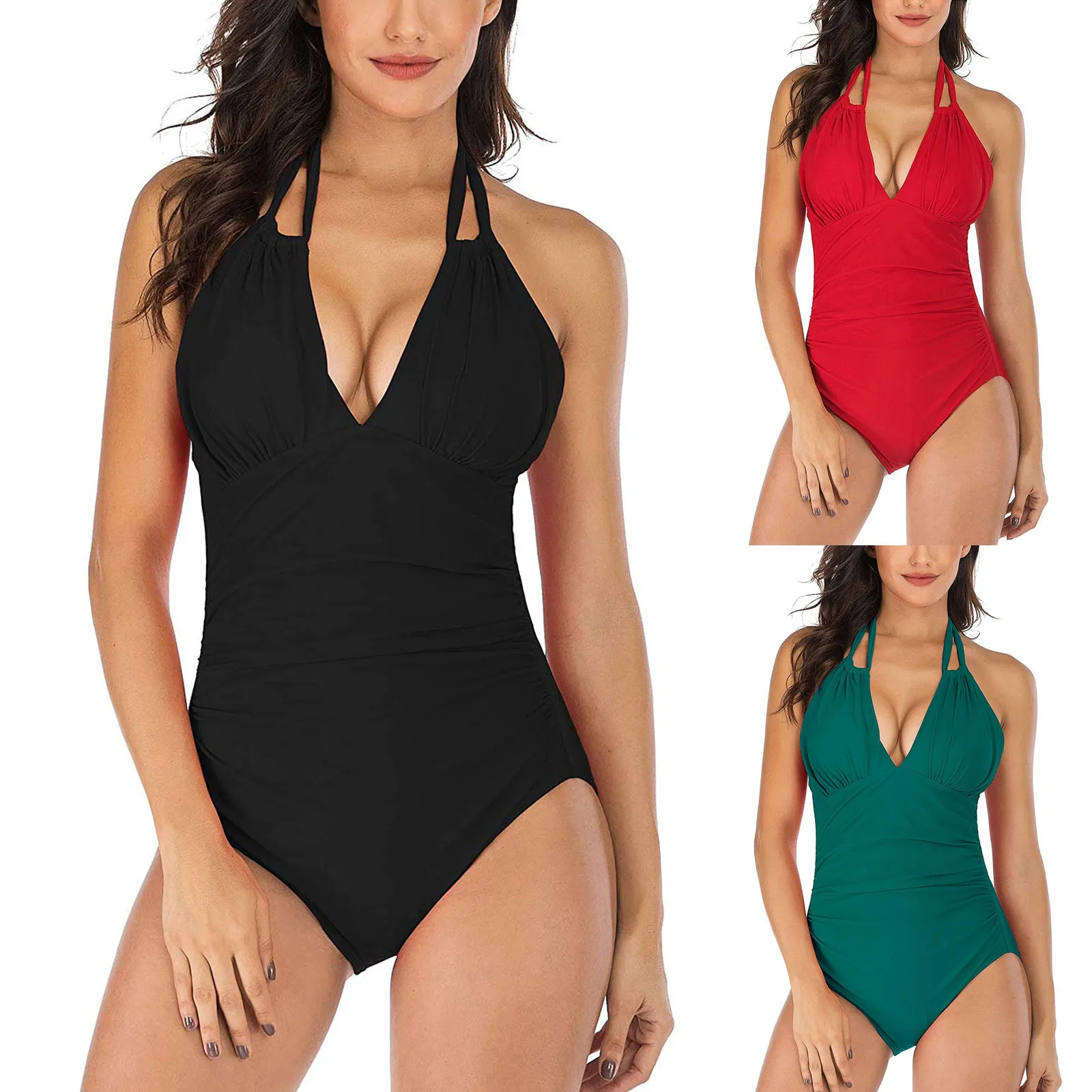 

Sexy Deep V-neck Monokini Swimsuit Women One-piece High Neck V-neckline Tankini Mesh Ruched Swimwear Bañadores Mujer 2021
