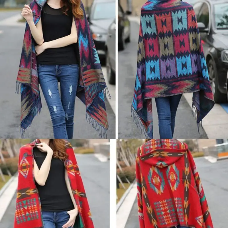 Для женщин ботильоны в этническом стиле пончо с капюшоном Ленточки шаль для