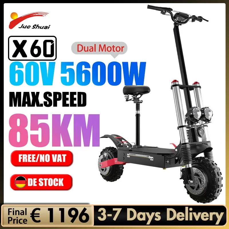

EU STOCK 100KM Long Rang Powerful Electric Scooter with Seat 85KM/H Max Speed E Scooter 60V 5600W Dual Motor Patinete Elétrico