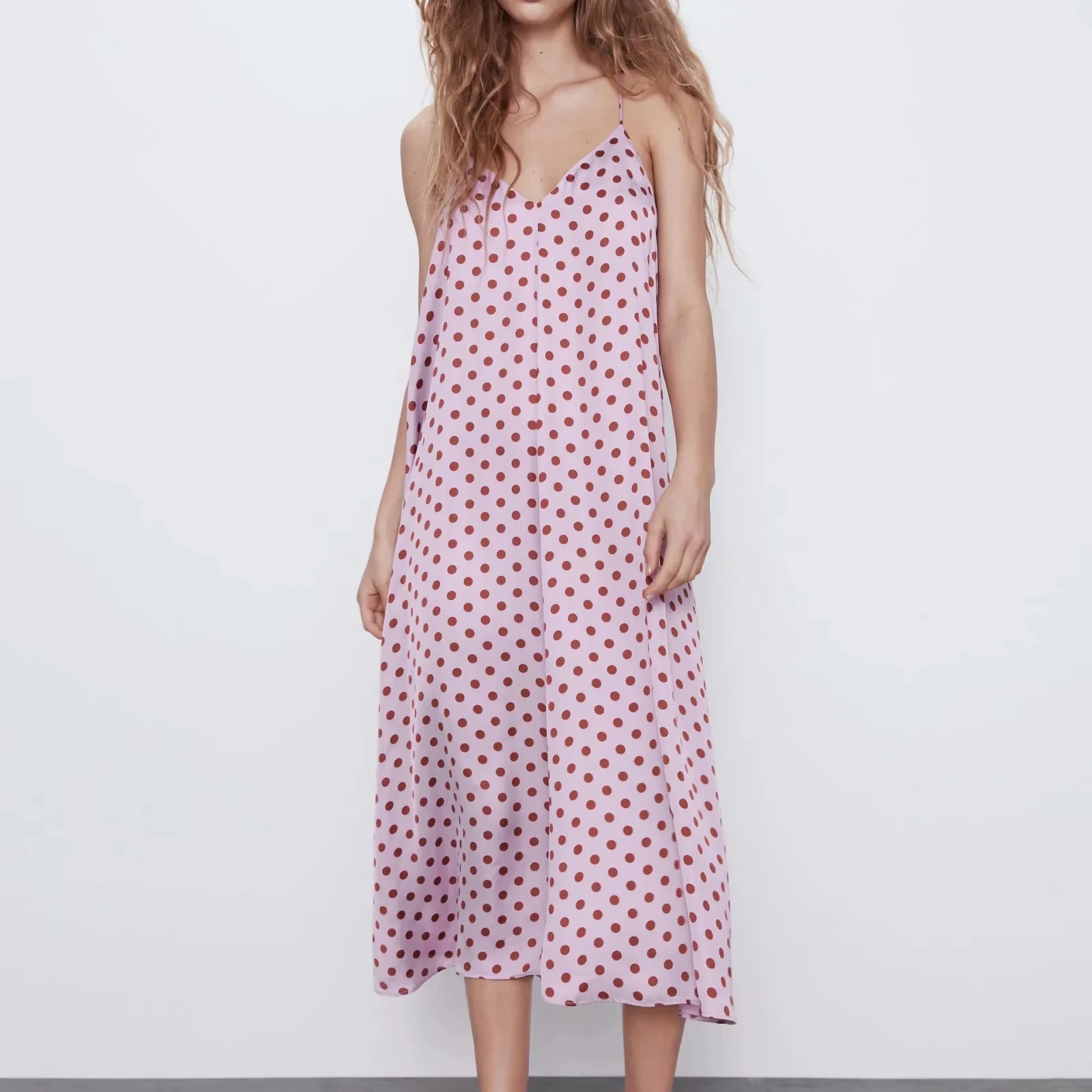 Женское розовое платье в горошек повседневные платья с v образным вырезом и
