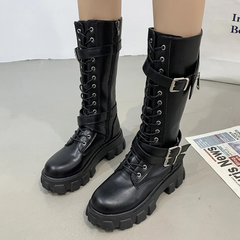 

2021 Punk Metal Buckle Motorcycle Boots Women Autumn Chunky Heels Mid Calf Boots Woman Pu Leather Platfrom Botas Mujer