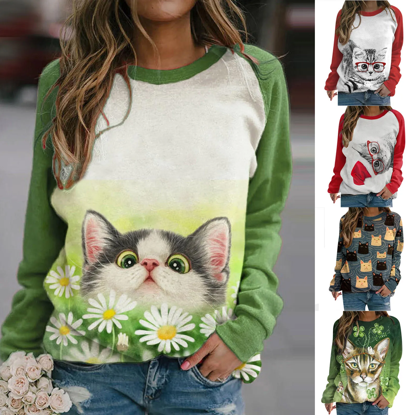 2021 Sweatshirt Fashion Women Long Sleeve Color Block Cat Print Pockets Sweatshirt Hooded Top Christmas Valentine's Day #dz