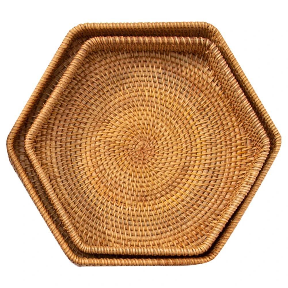 

2PCS Rattan Woven Fruit Tray Hexagonal Handmade Wicker Storage Basket for Bread Fruit Snack Food Desktop Storage Severing Tray