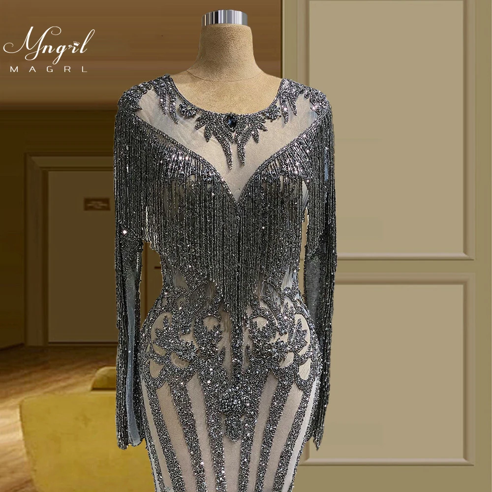 

MNGRL Luxury Evening Dress One-shoulder Long Sleeves Hand-applied Diamonds Glittering 2021 New Evening Dress Party Dress