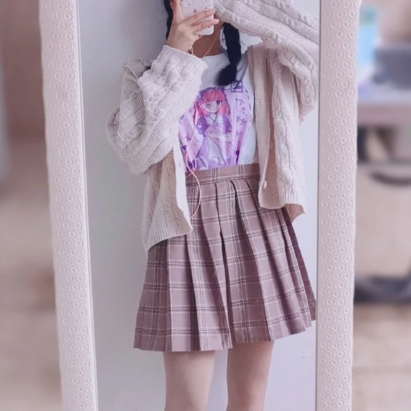 

[Weak Tea] Girl's Summer High Waist Pleated Skirts Plaid Skirts Women Elegant JK Uniforms Girl School Dress Student Cloth