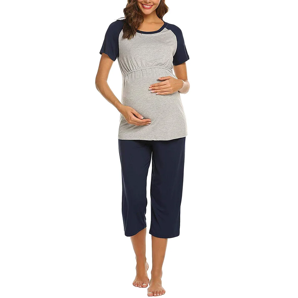

Women Casual Sleepwear Double Layers Short Sleeves Summer Autumn Nursing Pajama Set Adjustable Size Tops 3/4 Pants Cotton Blend
