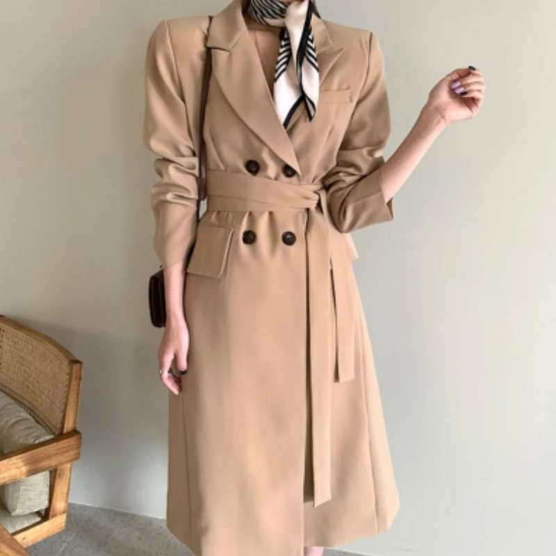 

Женское длинное двубортное пальто, осенняя ветровка с английским воротником, свободная повседневная верхняя одежда
