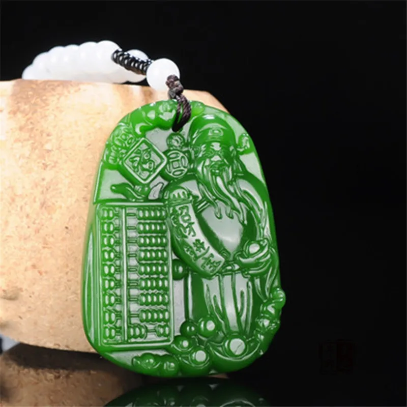 Китайский натуральный зеленый нефрит Бог богатства кулон ожерелье ручной резной