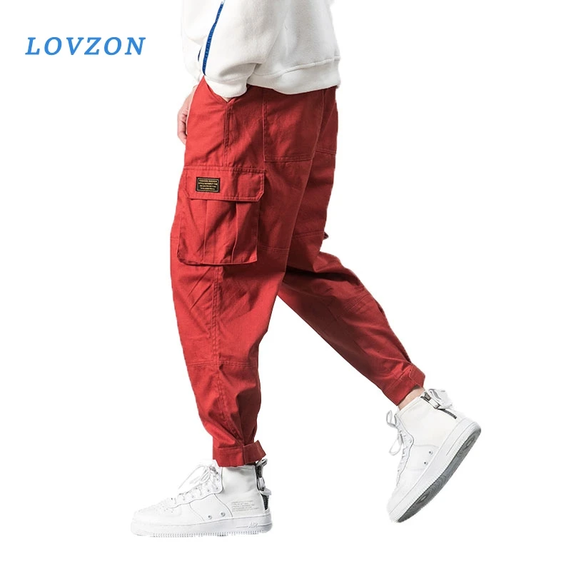 

LOVZON Men Multi-pocket Elastic Waist Design Harem Pant Street Punk Hip Hop Red Casual Trousers Joggers Male Army Cargo Pants