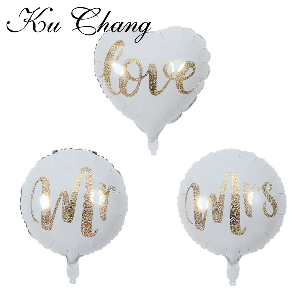

18Inch Round White Gold Glitter Print Mr & Mrs Love Film Balloons Bride Wedding Valentine's Day Air Globos Delivery