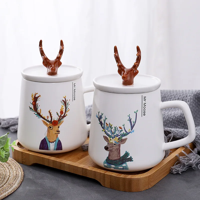 

Nordic Style Creative Antler Ceramic Cup with Lid Cartoon Mug Student Couple Water Cup Coffee Cup Cute Coffee Mugs and Cups