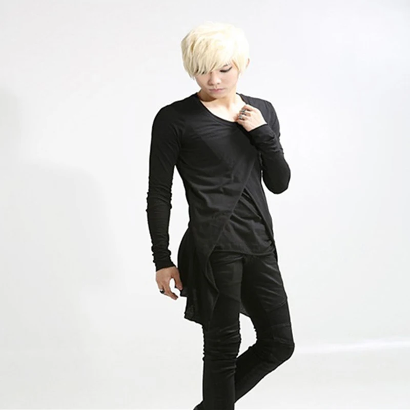 Spring new ultra long paragraph large size long-sleeved round neck T-shirt bottoming shirt hair stylist tide men's slim night cl | Мужская