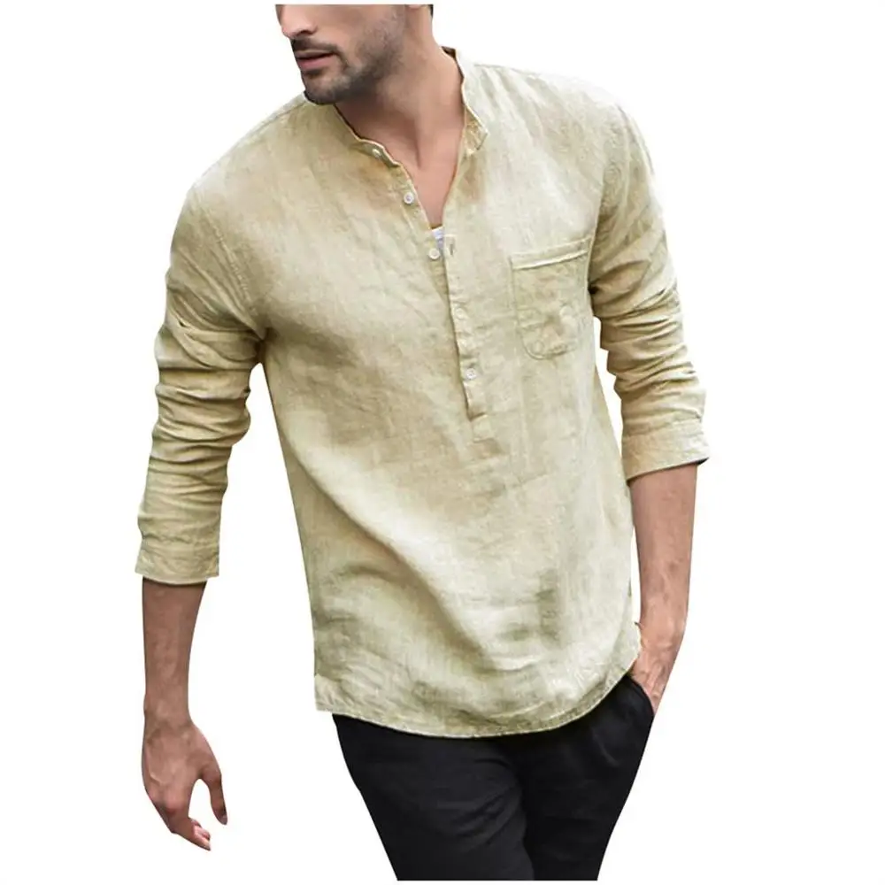 Мужские Винтажные однотонные льняные рубашки на пуговицах винтажные с длинным