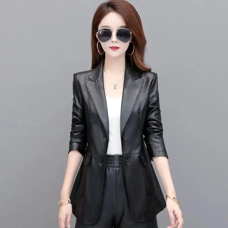 

2021 women's slim spring and autumn new leather coat Korean large suit leather jacket